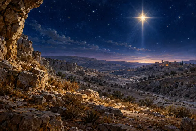 Estrela de Belém sobre um deserto rochoso, com um vilarejo iluminado ao longe e céu azul estrelado.
