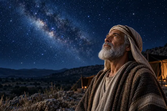 Abraão de barba grisalha contempla o céu estrelado e a Via Láctea, com colinas e tendas ao fundo.