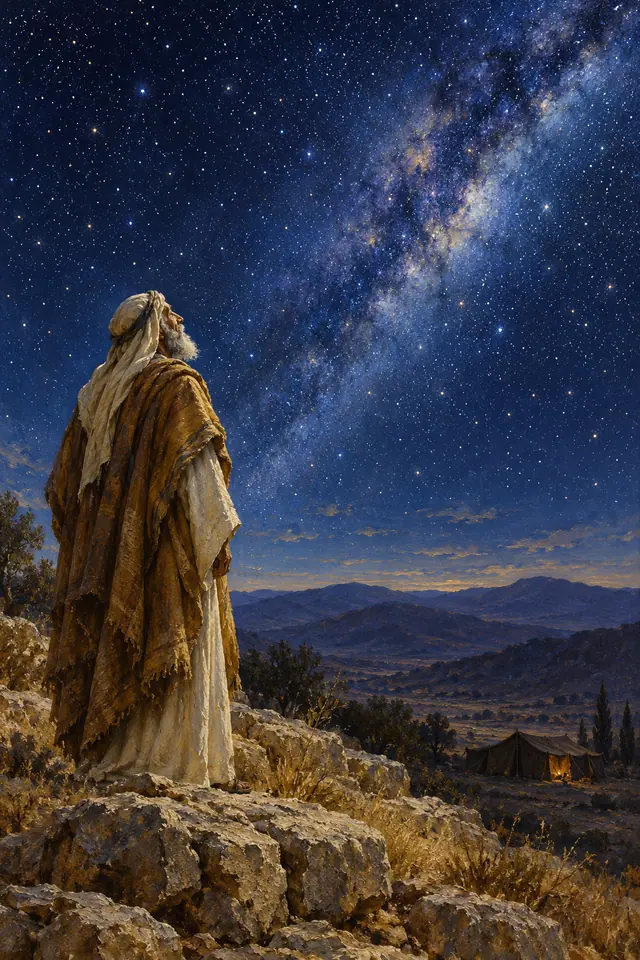 Abraão sobre um rochedo contempla a Via Láctea, com montanhas e uma tenda iluminada ao fundo, em pintura a óleo.