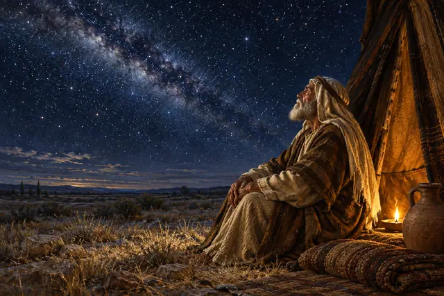 Abraão sentado junto à tenda contempla a Via Láctea, iluminado por uma lamparina em uma paisagem de vegetação seca.
