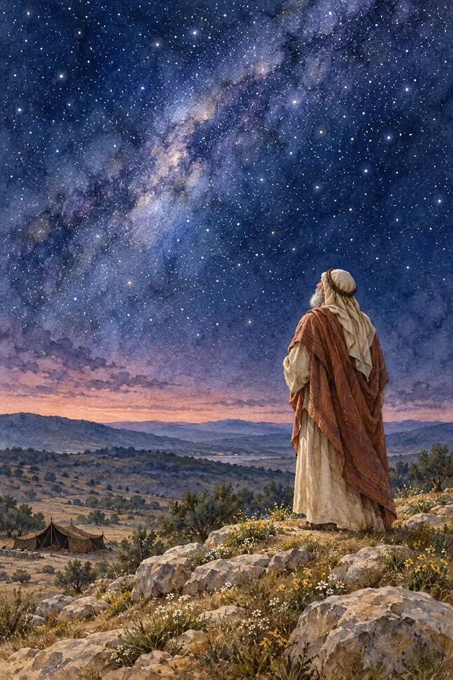 Abraão contempla o céu estrelado sobre colinas, com flores entre as pedras e uma tenda ao longe, em aquarela.