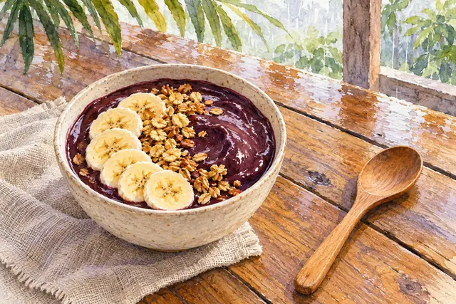 Aquarela de tigela de açaí com banana e granola sobre mesa de madeira, com colher e folhagens ao fundo.