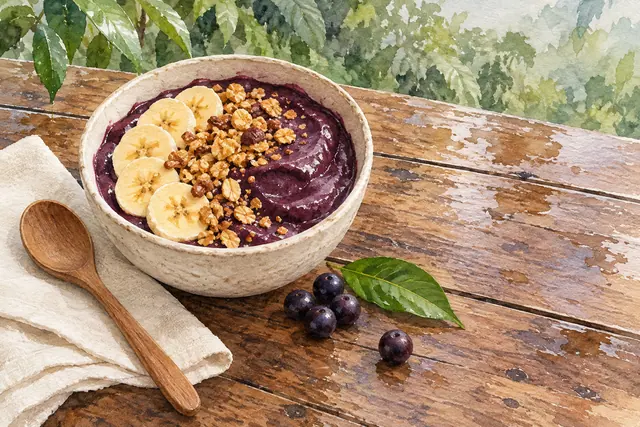 Aquarela de tigela de açaí com banana e granola sobre mesa de madeira, com colher, guardanapo e frutos roxos.
