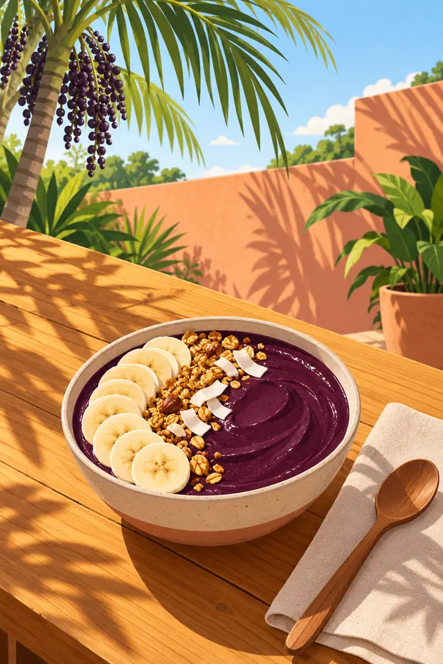 Tigela de açaí com banana, granola e coco sobre mesa de madeira, com palmeiras e muro terracota ao fundo.