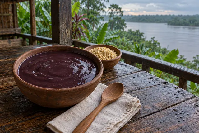 Tigela de açaí com farinha e colher de madeira em uma varanda com vista para um rio e vegetação amazônica.