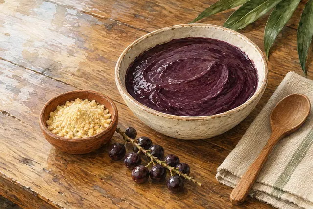 Aquarela de açaí em tigela de cerâmica, farinha de tapioca, frutos e colher de madeira sobre mesa rústica.