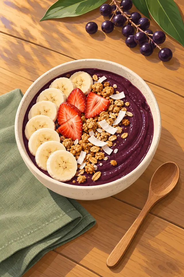 Tigela de açaí com banana, morangos, granola e coco sobre mesa de madeira, com colher e guardanapo verde.