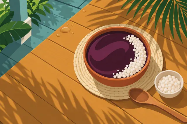 Ilustração de açaí com tapioca sobre mesa de madeira, com colher, apoio de palha e sombras de palmeira.