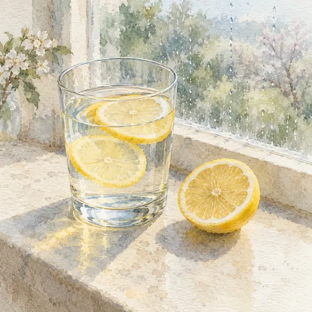 Aquarela de um copo de água com rodelas de limão e meio limão no peitoril de uma janela com gotas de chuva.