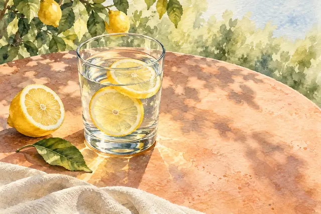 Aquarela de copo de água com limão sobre mesa terracota, com frutas, folha e tecido sob a luz do jardim.