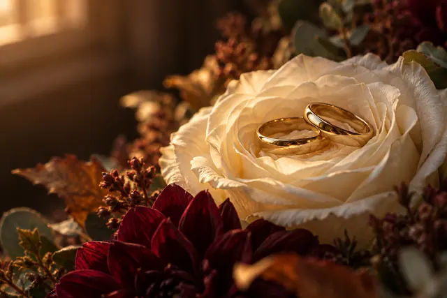 Duas alianças douradas sobre uma rosa branca, entre flores vinho e folhagens, iluminadas pela luz quente da manhã.