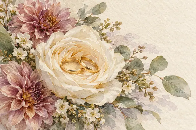 Duas alianças douradas sobre rosa creme, entre dálias rosadas e folhas de eucalipto, em aquarela sobre papel texturizado.