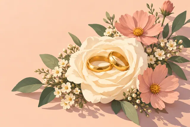 Duas alianças douradas sobre uma rosa clara, cercadas por flores rosadas e folhas verdes em fundo pêssego.