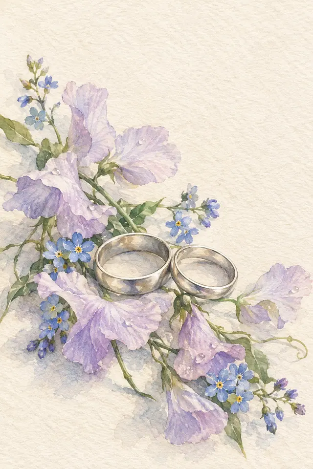 Aquarela de duas alianças prateadas entre flores lilases e miosótis azuis sobre papel marfim texturizado.