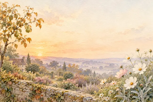 Aquarela de jardim ao amanhecer, com pereira, cosmos, muro de pedras e céu claro sobre colinas com névoa.