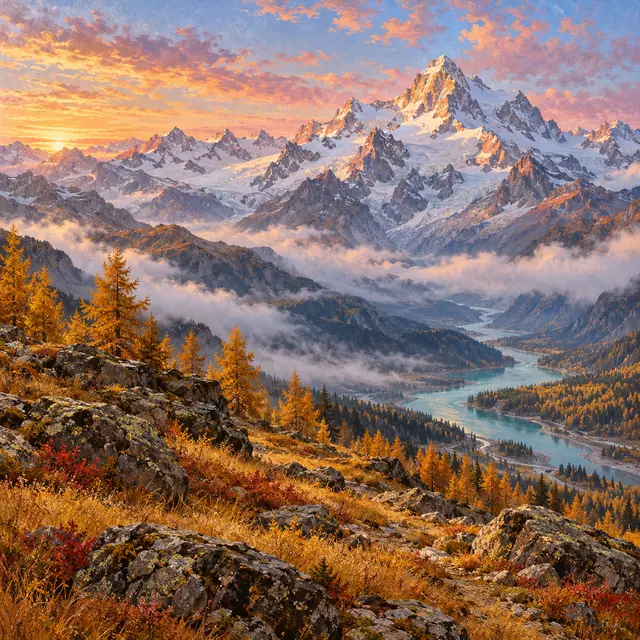 Pintura de montanhas nevadas ao amanhecer, com rio azul-turquesa, névoa e árvores douradas no vale.
