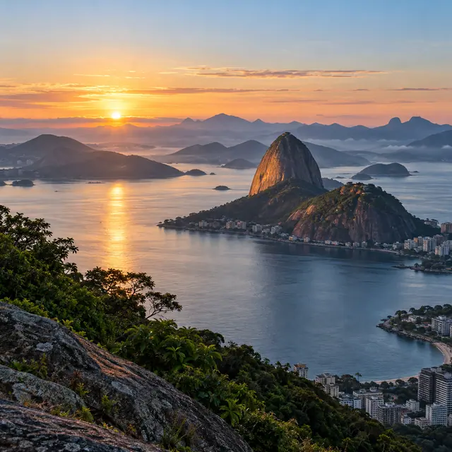 Sol nascente sobre a Baía de Guanabara, com Pão de Açúcar, montanhas e vegetação em primeiro plano.