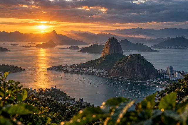 Pão de Açúcar e Baía de Guanabara ao amanhecer, com reflexos dourados, barcos e folhas desfocadas em primeiro plano.