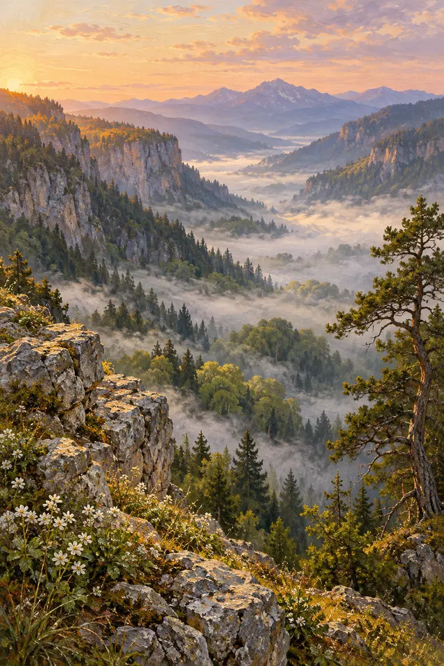 Pintura a óleo de vale com neblina ao amanhecer, entre montanhas, florestas, rochas e flores brancas.