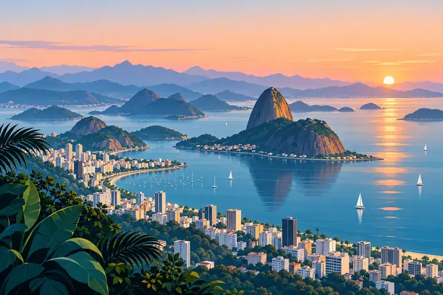 Ilustração da Baía de Guanabara ao amanhecer, com Pão de Açúcar, veleiros, prédios e folhas tropicais.