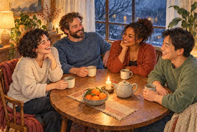 Aquarela de quatro amigos rindo à mesa com chá, tangerinas e uma vela, diante de uma janela com chuva.