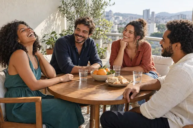 Quatro amigos riem à mesa com laranjas, pães e água em uma varanda ensolarada com vista para a cidade.