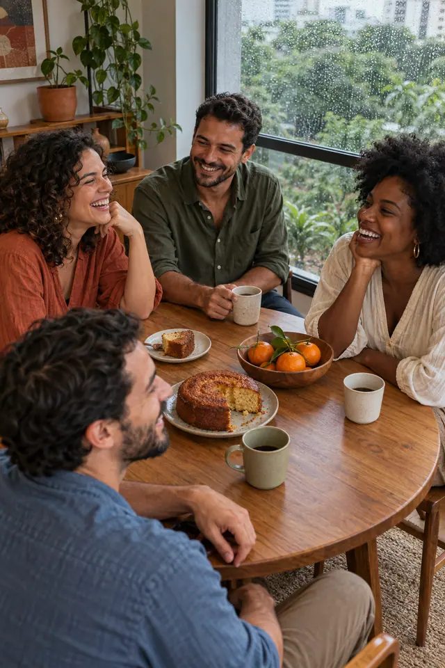 Quatro amigos riem à mesa com café, bolo e tangerinas ao lado de uma janela com gotas de chuva.