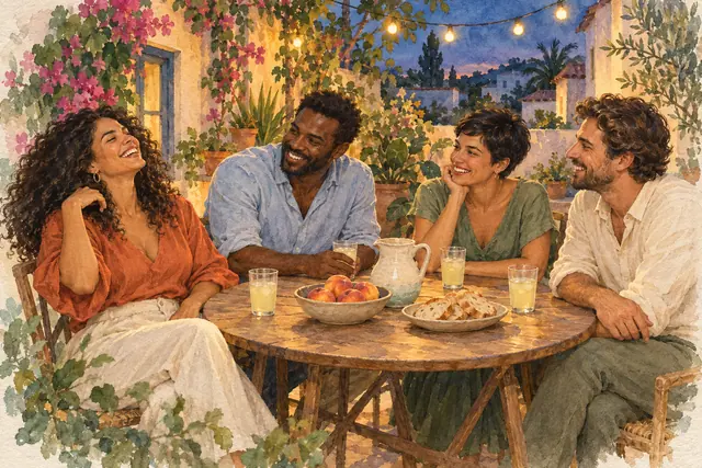 Aquarela de quatro amigos rindo à mesa em um pátio florido, com limonada, frutas e luzes ao entardecer.