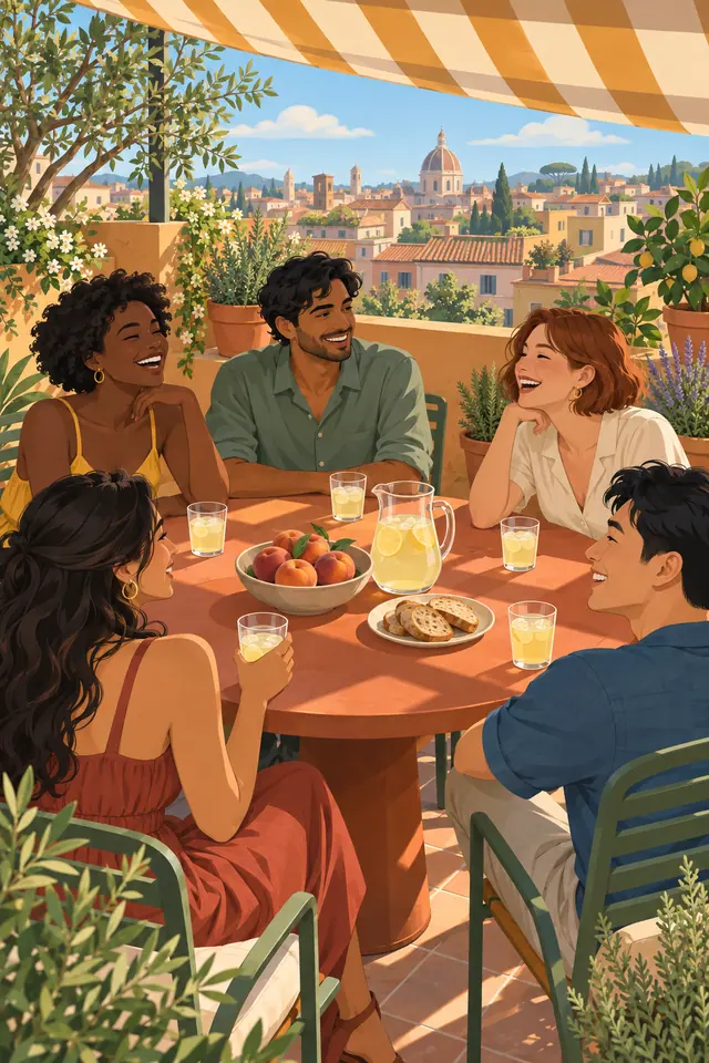 Cinco amigos riem à mesa com limonada, frutas e pães em um terraço ensolarado com plantas e vista para a cidade.