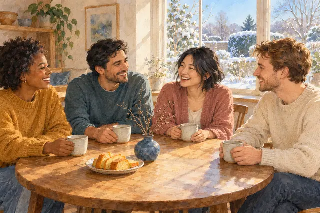Aquarela de quatro amigos rindo à mesa com xícaras e bolo, diante de uma janela com vista para um jardim nevado.