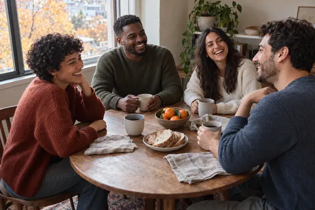 Quatro amigos riem à mesa com canecas, pão e tangerinas, junto a uma janela com árvores de outono ao fundo.