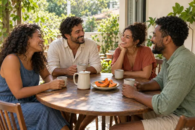 Quatro amigos riem à mesa na varanda com xícaras de café, bule e mamão sob a luz da manhã.