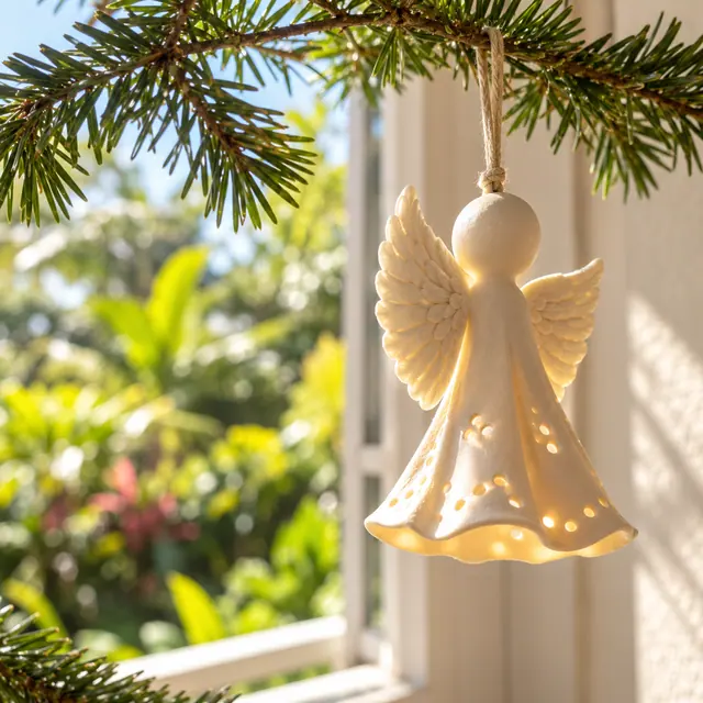 Anjo de porcelana iluminado pelo sol, pendurado em ramo de pinheiro junto à janela com jardim ao fundo.