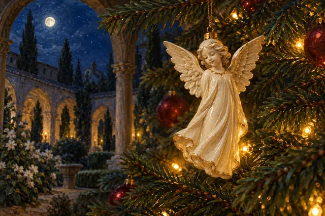 Anjo de porcelana entre luzes e bolas bordô na árvore de Natal, com arcos de pedra e jardim ao luar ao fundo.