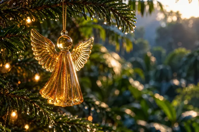 Anjo de vidro âmbar pendurado em árvore de Natal com gotas de chuva, luzes douradas e vegetação desfocada ao fundo.