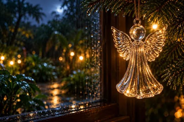 Anjo de vidro iluminado por luzes douradas junto a uma janela com gotas de chuva e jardim desfocado ao fundo.