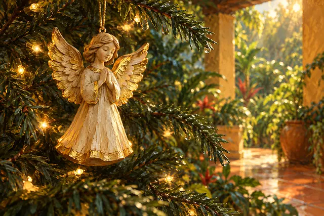 Anjo de madeira com asas douradas entre luzes de Natal, com varanda e jardim iluminados pelo sol ao fundo.