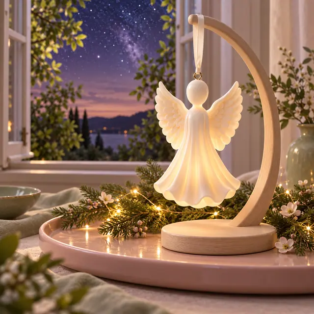 Anjo luminoso de porcelana suspenso em suporte de madeira, com ramos e luzes sobre bandeja rosa diante de uma janela.