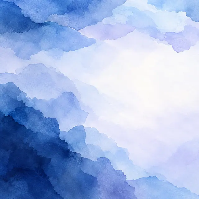 Fundo em aquarela azul e lavanda, com manchas orgânicas nas bordas e ampla área clara à direita.