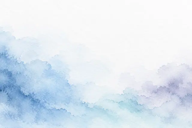 Fundo de aquarela azul, turquesa e lavanda com bordas suaves sobre papel branco e amplo espaço claro.