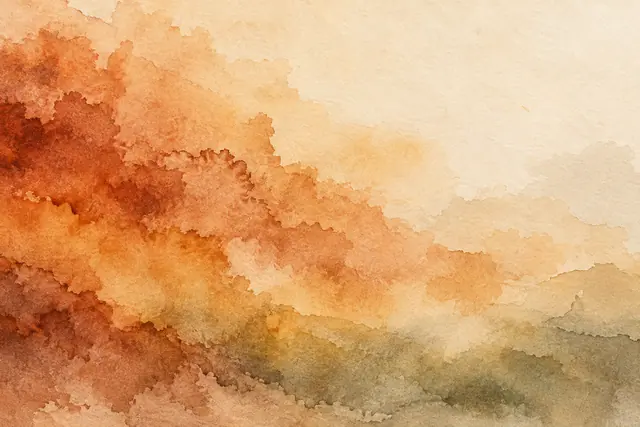 Fundo de aquarela em terracota, ocre e verde-oliva sobre papel texturizado, com área clara no canto superior direito.