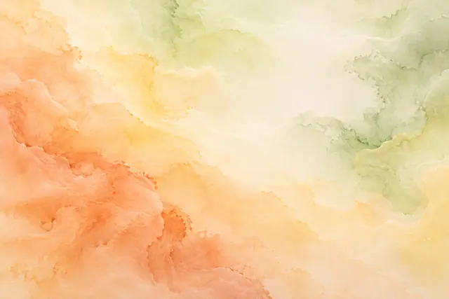 Fundo abstrato com manchas de aquarela em damasco, amarelo e verde pistache, relevos suaves e centro creme.