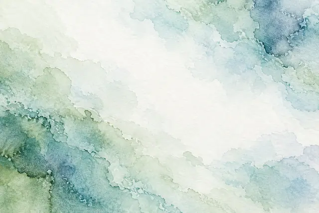 Fundo de aquarela com manchas verdes e azuis nas bordas e centro claro sobre papel texturizado.