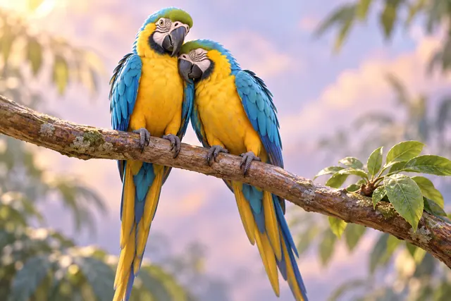 Duas araras azuis e amarelas aconchegadas em um galho com folhas, em renderização 3D com fundo pastel.