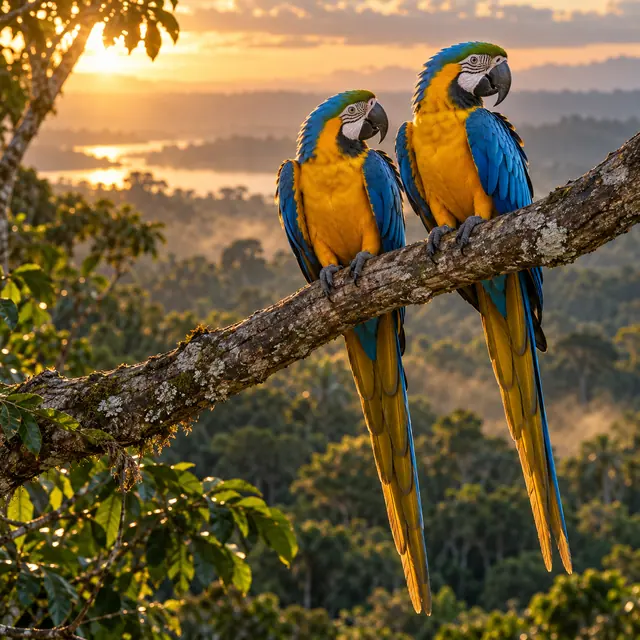 Duas araras-canindé em galho sobre a floresta, com um rio ao fundo e luz dourada do pôr do sol.