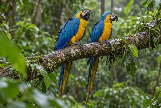 Duas araras-canindé azuis e amarelas pousadas em um galho com musgo entre folhas úmidas na floresta.