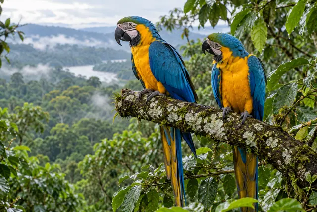 Duas araras-canindé em galho com musgos, diante de uma floresta tropical com névoa e um rio ao fundo.