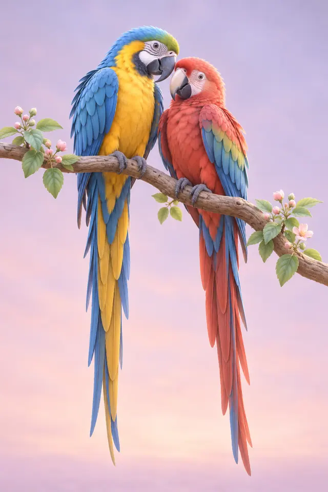 Duas araras coloridas pousam em galho com flores rosadas, em renderização 3D suave sobre fundo lilás e rosa.