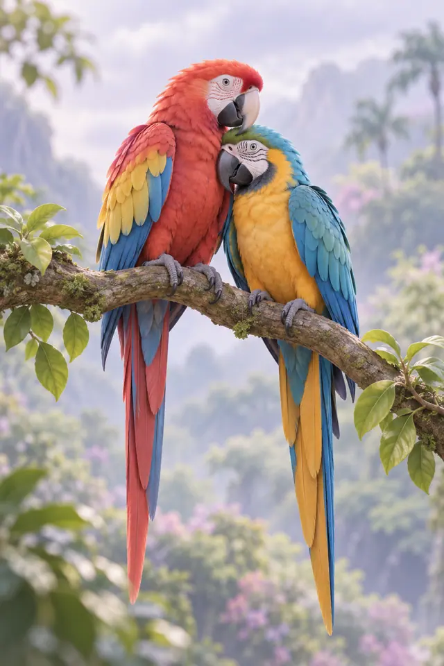 Duas araras, uma vermelha e outra azul e amarela, juntinhas em um galho com folhas diante de uma floresta suave em 3D.