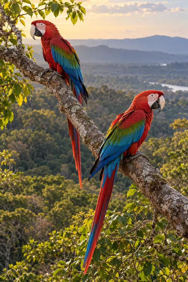 Duas araras-vermelhas em galho inclinado, com floresta, rio e serras ao fundo sob a luz do entardecer.